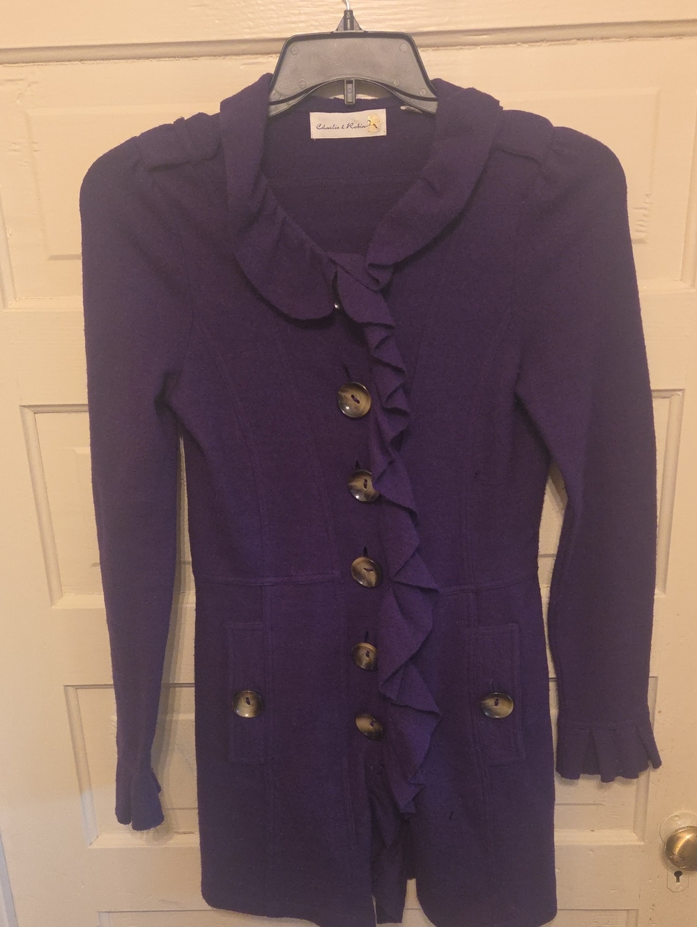 💜 Charlie & Robin 100% Wool Purple Ruffle Front Jacket — Size Small